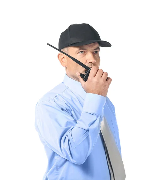 Male Security Guard Using Portable Radio White Background — Stock Photo, Image