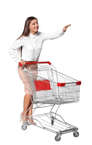 Young Woman Empty Shopping Cart White Background — Stock Photo, Image