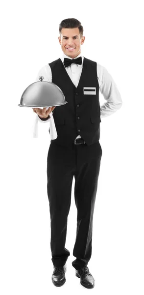 Kelner Metalowej Tacy Cloche Białym Tle — Zdjęcie stockowe