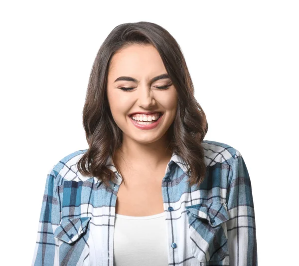 Jovem Bela Mulher Sorridente Fundo Branco — Fotografia de Stock