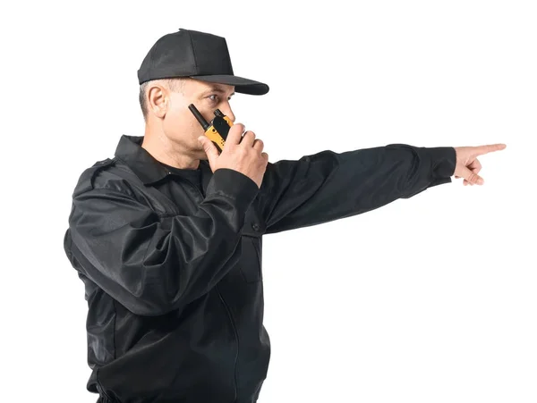 Guardia Seguridad Masculino Usando Radio Portátil Sobre Fondo Blanco —  Fotos de Stock