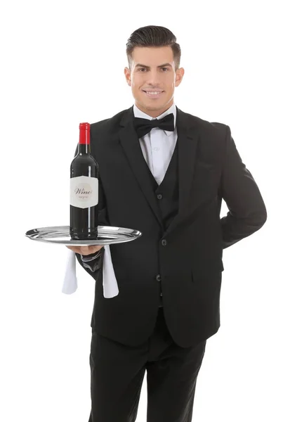 Waiter Holding Tray Bottle Wine White Background — Stock Photo, Image