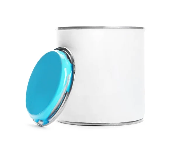 Tin Can Blue Paint White Background — Stock Photo, Image