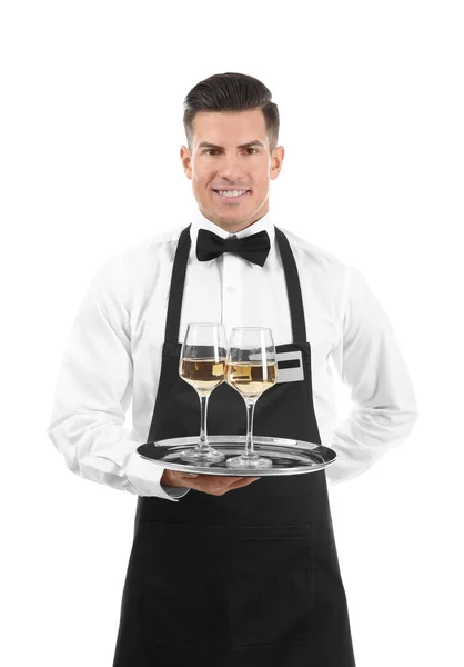 Kellner Hält Tablett Mit Weingläsern Auf Weißem Hintergrund — Stockfoto