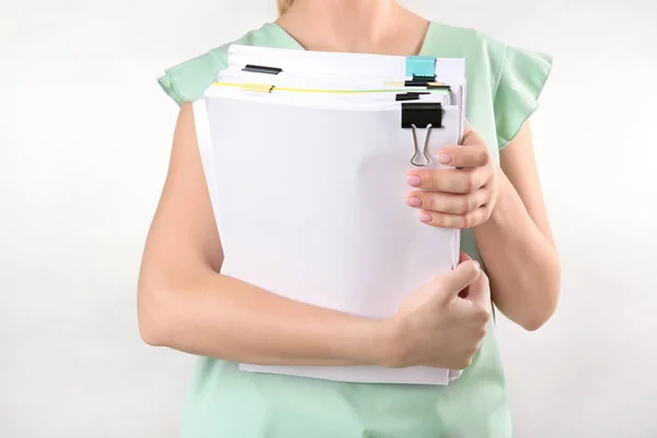 Woman Stack Documents White Background — Stock Photo, Image