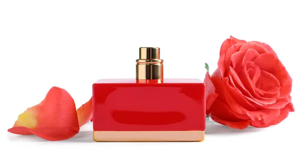 Bottle of perfume with flower on white background — Stock Photo, Image