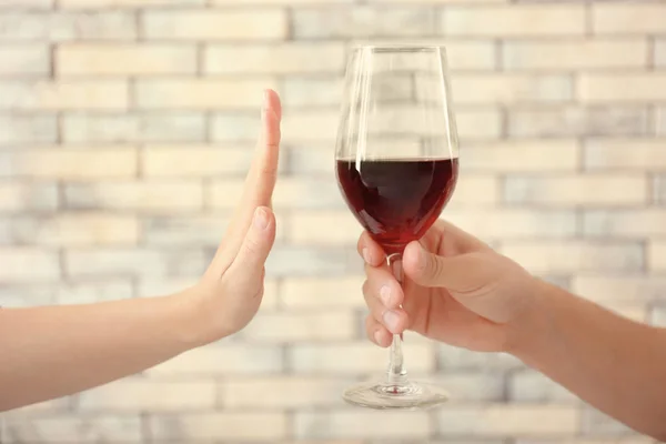 Hand Woman Refusing Glass Alcohol Brick Wall — Stock Photo, Image