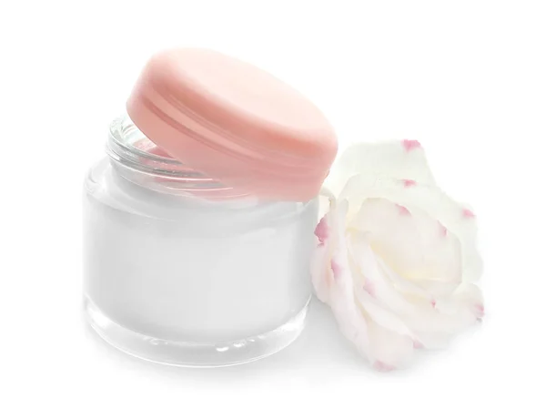 Jar with body cream and beautiful flower on white background — Stock Photo, Image