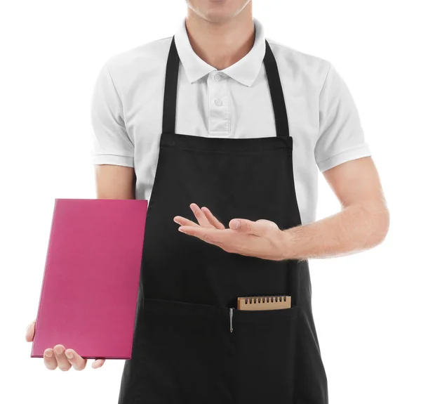 Waiter Holding Menu White Background — Stock Photo, Image