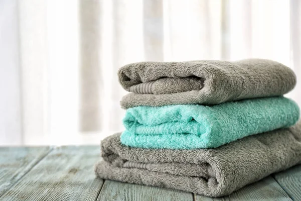 Stack Bath Towels Table Light Background — Stock Photo, Image