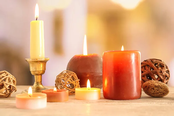 Wax Candles Burning Table Blurred Background — Stock Photo, Image