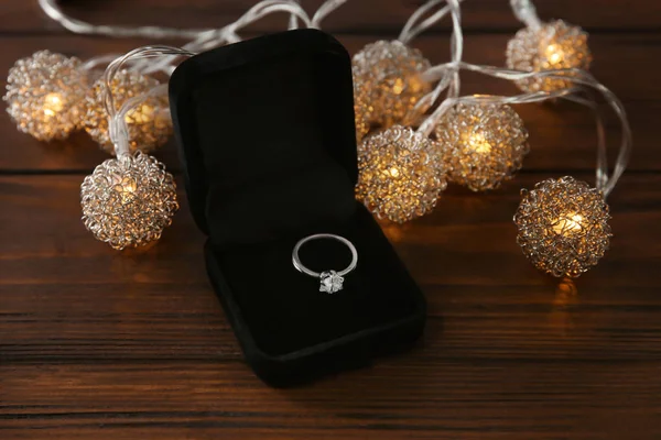 Box Luxury Engagement Ring Wooden Background — Stock Photo, Image