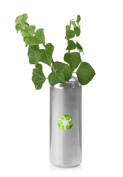 Tin Can Plant White Background Waste Recycling Concept — Stock Photo, Image