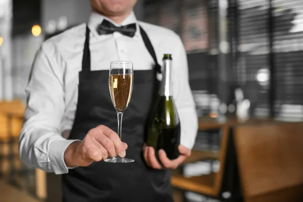 Waiter Holding Tray Bottle Glass Champagne Indoors — Stock Photo, Image