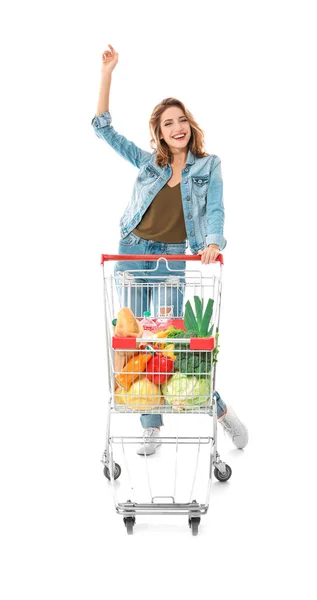 Young Woman Full Shopping Cart White Background — Stock Photo, Image