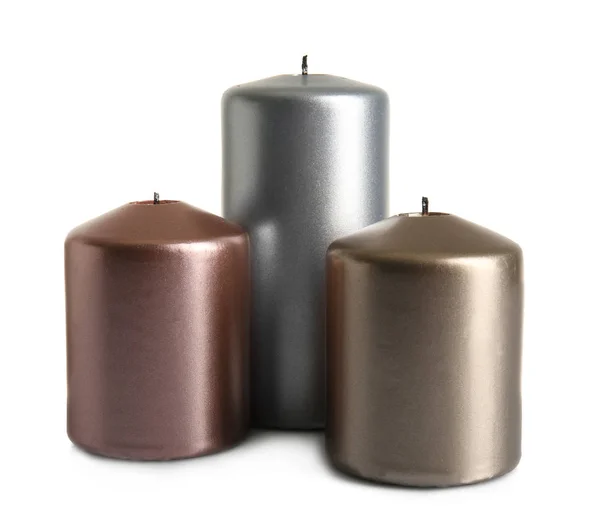 Metalen Pijler Kaarsen Tegen Witte Achtergrond — Stockfoto