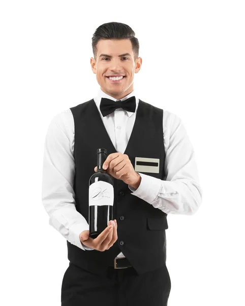 Ober Holding Fles Wijn Witte Achtergrond — Stockfoto