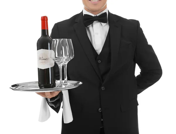 Waiter Holding Tray Bottle Wine Glasses White Background — Stock Photo, Image