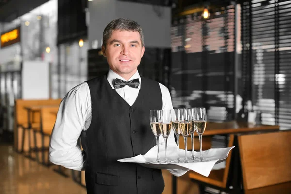 Waiter Holding Tray Glasses Champagne Indoors — Stock Photo, Image