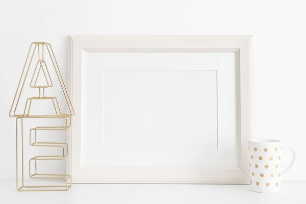 Empty Frame Cup Decorative Letters Table White Wall — Stock Photo, Image