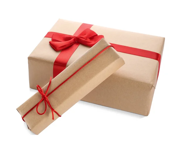 Κουτιά Δώρων Κόκκινα Τόξα Λευκό Φόντο — Φωτογραφία Αρχείου