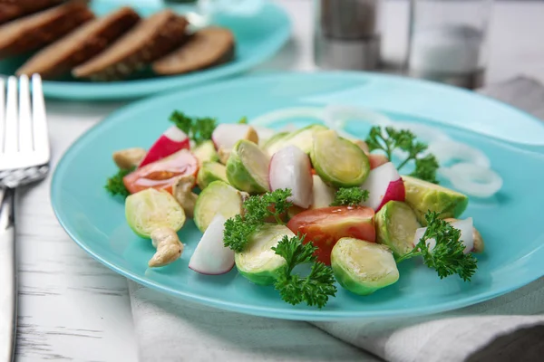 Plate Tasty Salad Brussels Sprouts Table — Stock Photo, Image