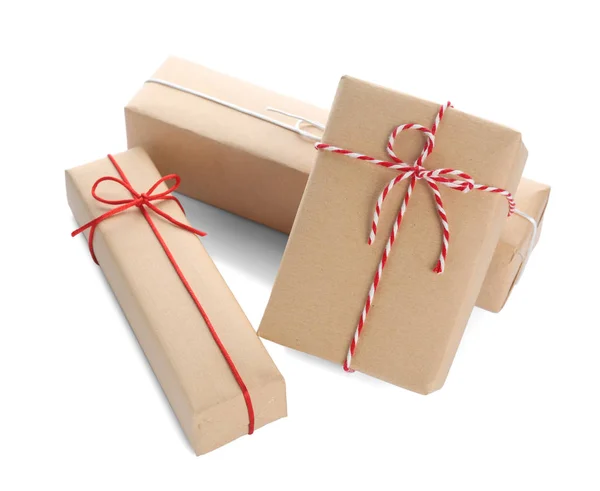 Parcel Gift Boxes Red Bows White Background — Stock Photo, Image