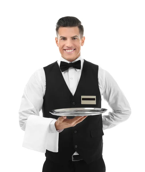 Mężczyzna Kelner Pusta Taca Białym Tle — Zdjęcie stockowe