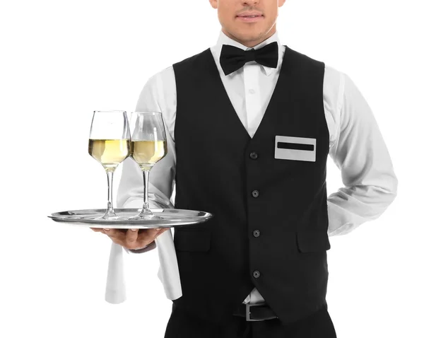 Σερβιτόρος Κρατώντας Δίσκος Ποτήρια Κρασιού Λευκό Φόντο — Φωτογραφία Αρχείου