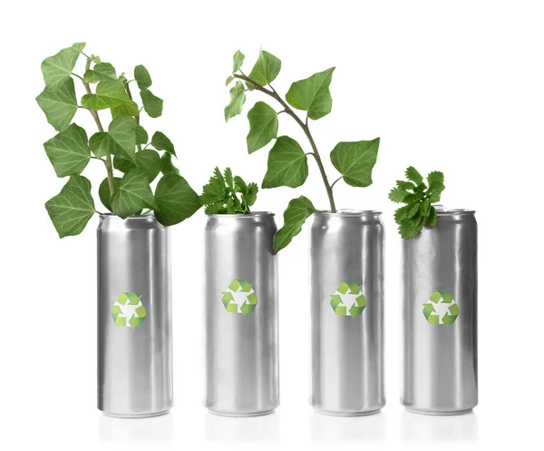 Blikjes Met Planten Een Witte Achtergrond Thematische Strategie Inzake Afvalrecycling — Stockfoto
