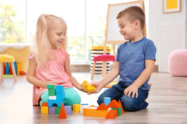 Cute Little Children Playing Blocks Home Stock Picture