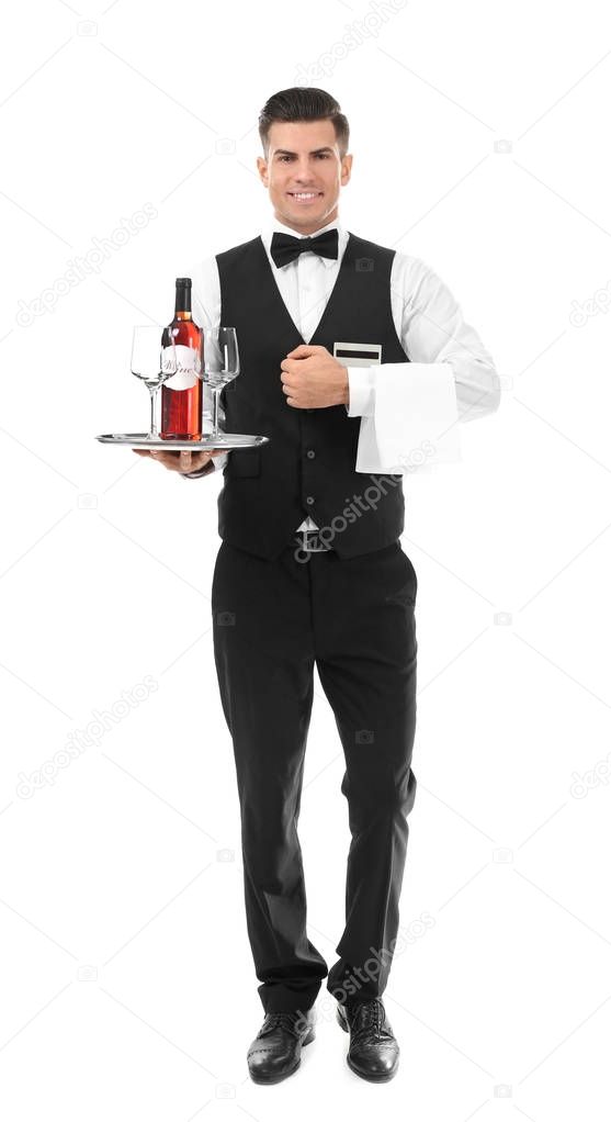 Waiter holding tray with bottle of wine and glasses on white background