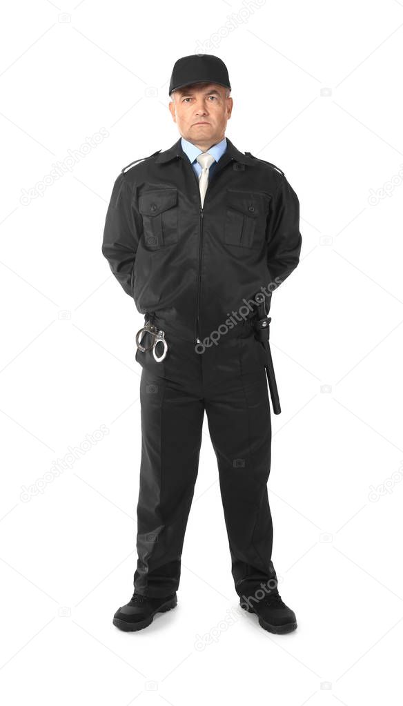 Male security guard standing on white background