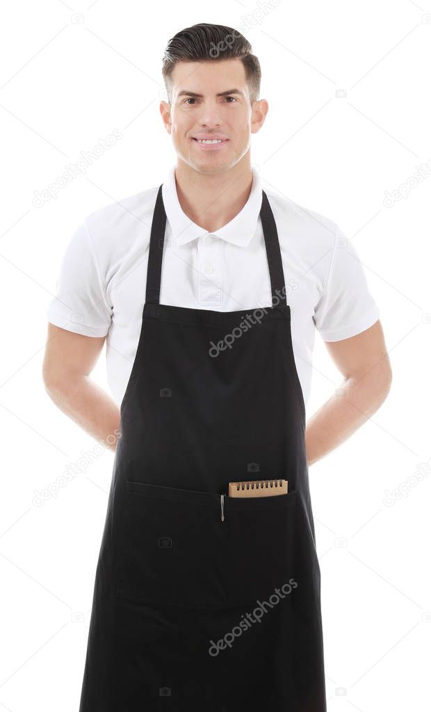 Handsome waiter posing on white background