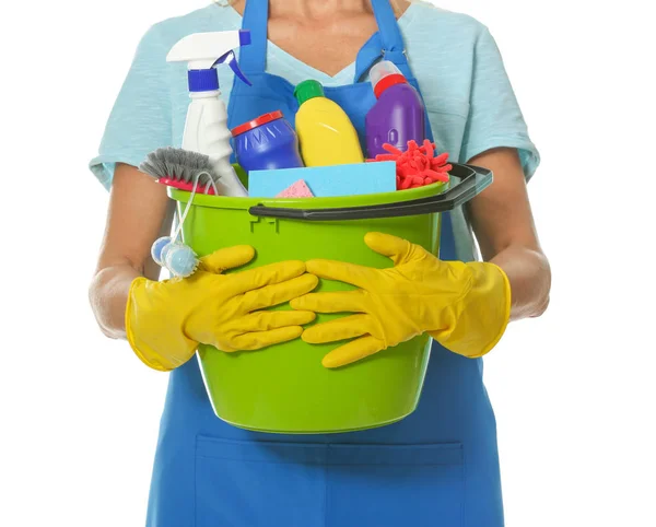 Mulher Com Suprimentos Limpeza Fundo Branco Close — Fotografia de Stock