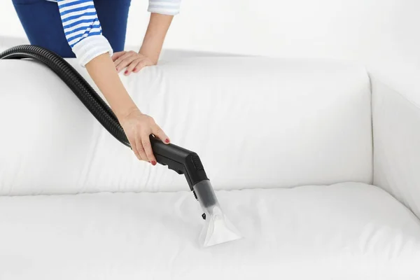 Woman Removing Dirt Sofa Using Vacuum Cleaner — Stock Photo, Image