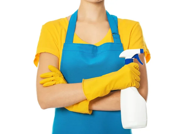 Kobieta Butelki Detergentu Białym Tle Zbliżenie — Zdjęcie stockowe