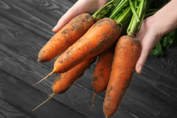 Donna che tiene carote mature — Foto Stock