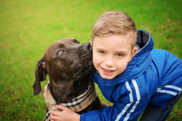 Mignon petit garçon avec son chien à l'extérieur — Photo