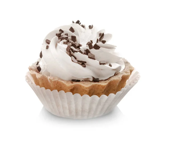 Tasty tartlet with whipped cream on white background — Stock Photo, Image
