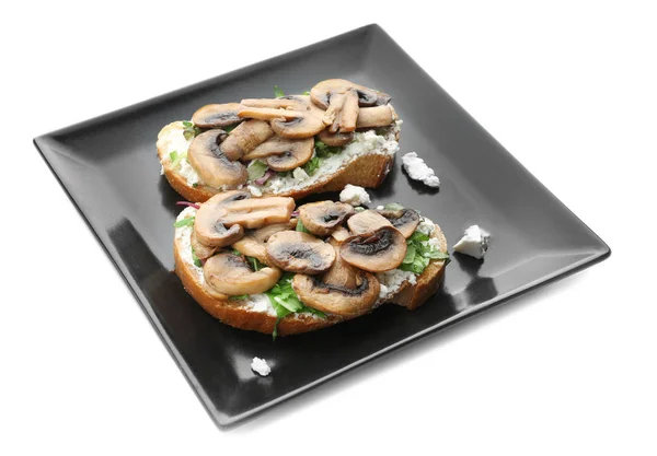 Plate with tasty toast, cheese and mushrooms, isolated on white — Stock Photo, Image