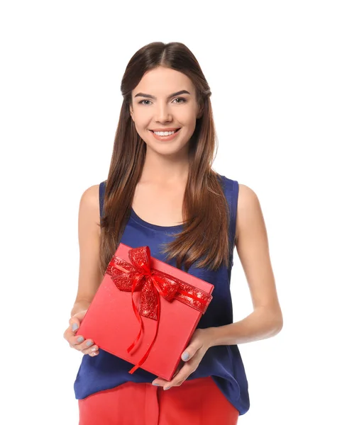 Beautiful young woman with gift for Valentine's Day on white background — Stock Photo, Image