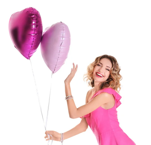 Mulher com balões de ar em forma de coração — Fotografia de Stock