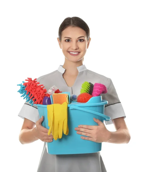 Woman with cleaning supplies on white background — Stock Photo, Image