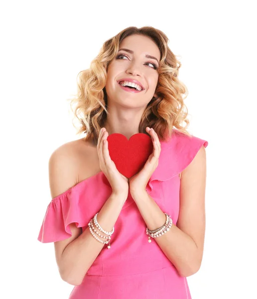 Young woman with red heart — Stock Photo, Image