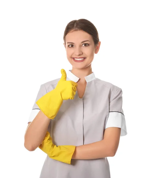 Beautiful chambermaid on white background — Stock Photo, Image