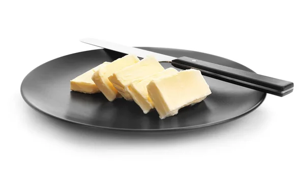 Plate with tasty fresh butter on white background — Stock Photo, Image