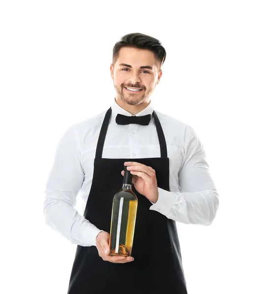 Garçom segurando garrafa de vinho no fundo branco — Fotografia de Stock