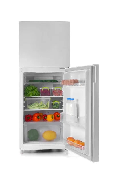 Open refrigerator full of food on white background — Stock Photo, Image