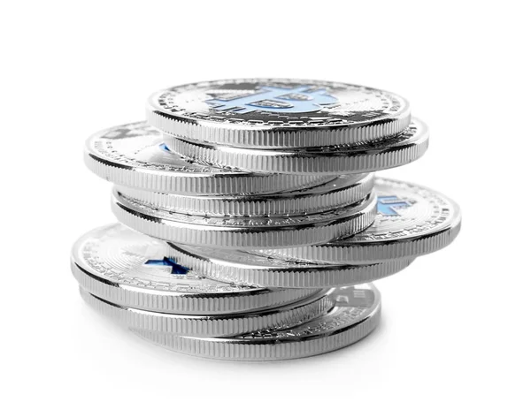 Stack of silver bitcoins on white background — Stock Photo, Image